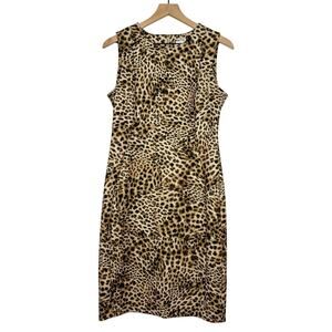 Calvin Klein Sheath Dress Women's Size 10 Tan Leopard Print Sleeveless Cocktail
